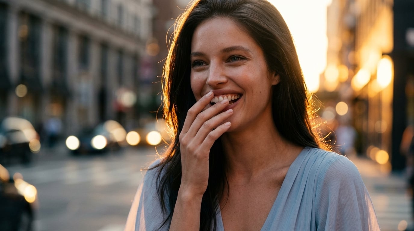 A woman laughs with her hand covering her mouth, wearing a sheer, light blue dress, set against a blurred city sunset backdrop.
