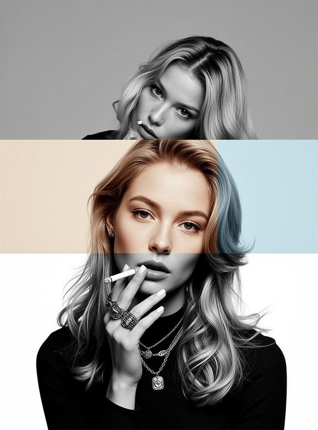 Vertical Triptych Portrait Young Woman With Blonde Wavy Hair Styled reference photo