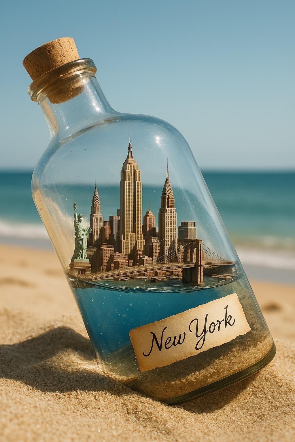 City Bottle In Sand Ocean Background Poster reference photo