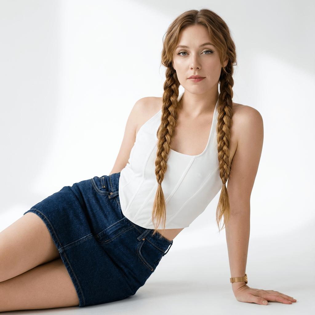 A serene high-fashion portrait of a woman in a white corset, seated on a white floor, looking directly at the camera.
