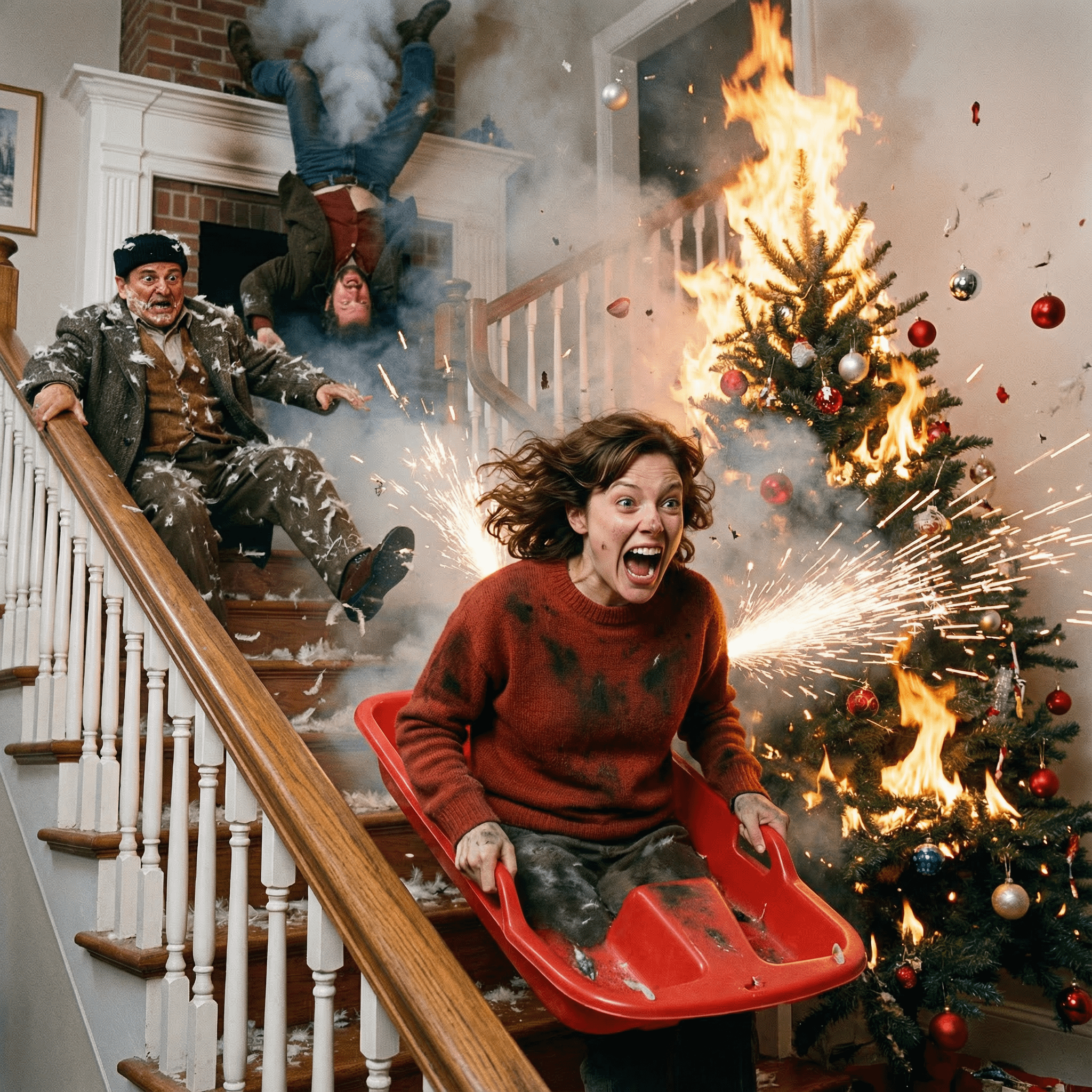 Face Chaotic Wooden Staircase Christmas Tree Fire