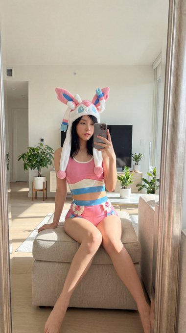 Sylveon Latex Outfit Mirror Selfie Modern Room