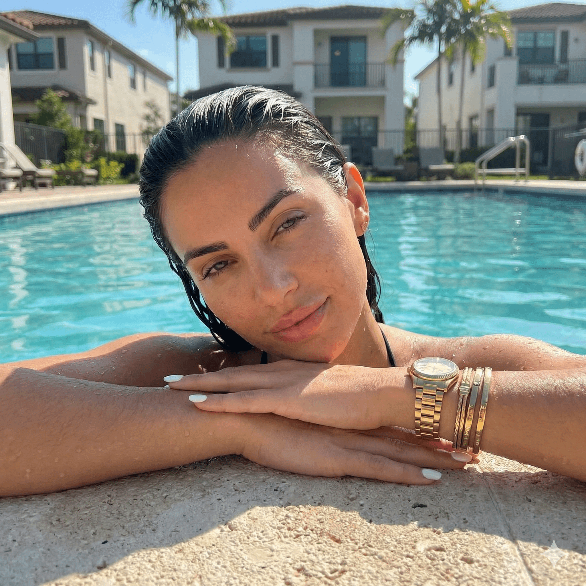 A confident woman at the edge of a turquoise pool, wet slicked-back hair, subtle smirk and sparkling jewelry catching sunlight.