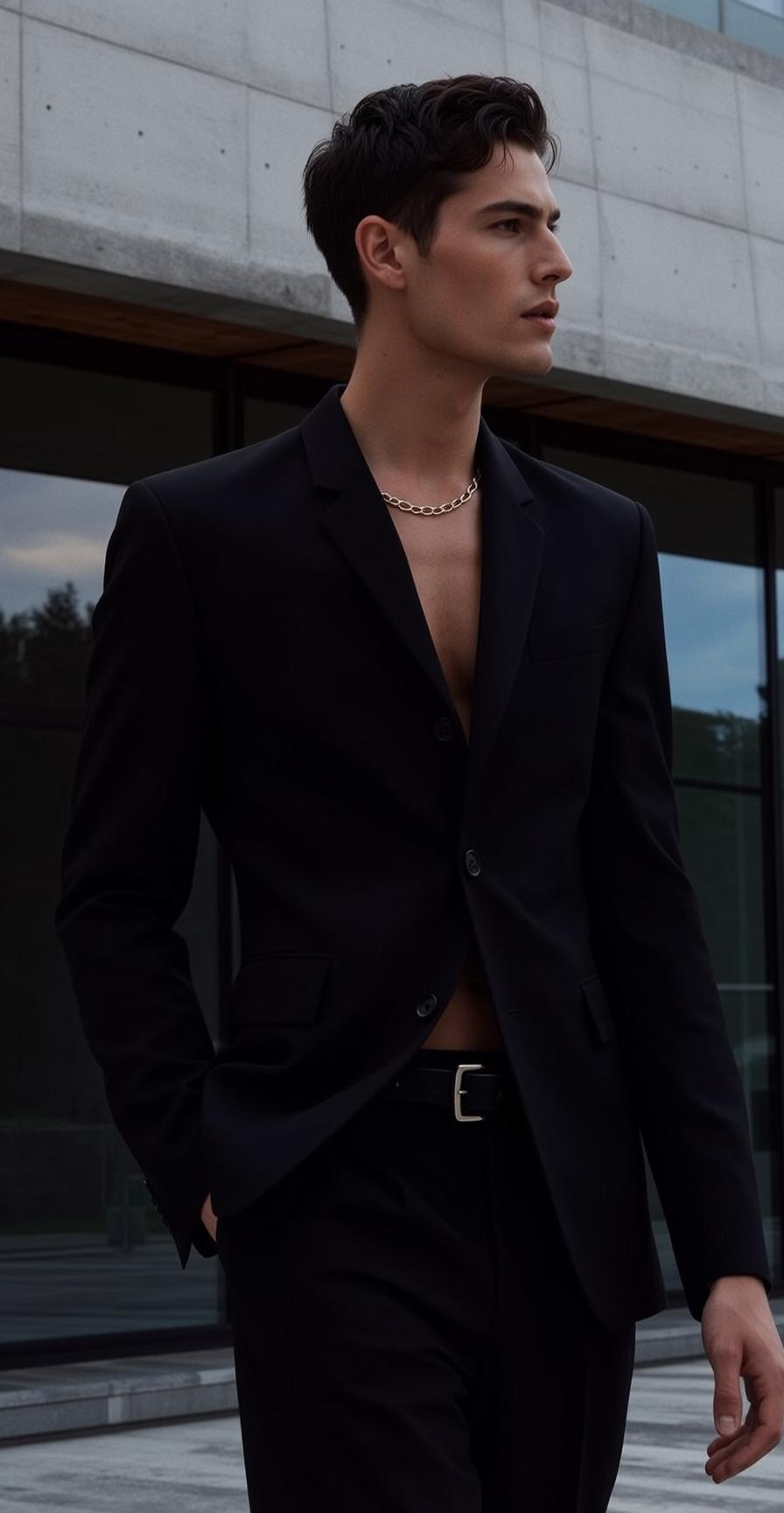 Young Dark Wavy Styled Light Unbuttoned Black reference photo