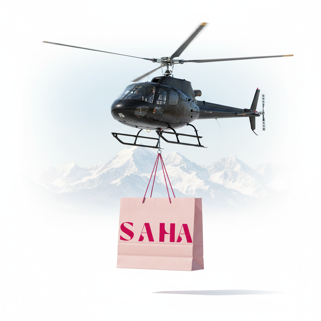 A realistic CGI scene featuring a helicopter carrying a light pink shopping bag with the SAHA logo, set against snow-capped mountains.