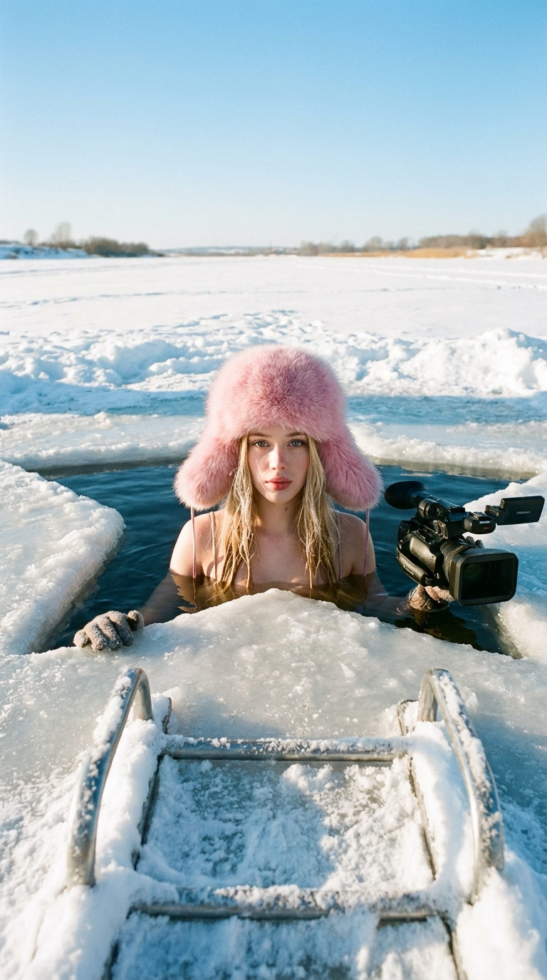 Realistic Girl Frozen Lake Fashion Shoot