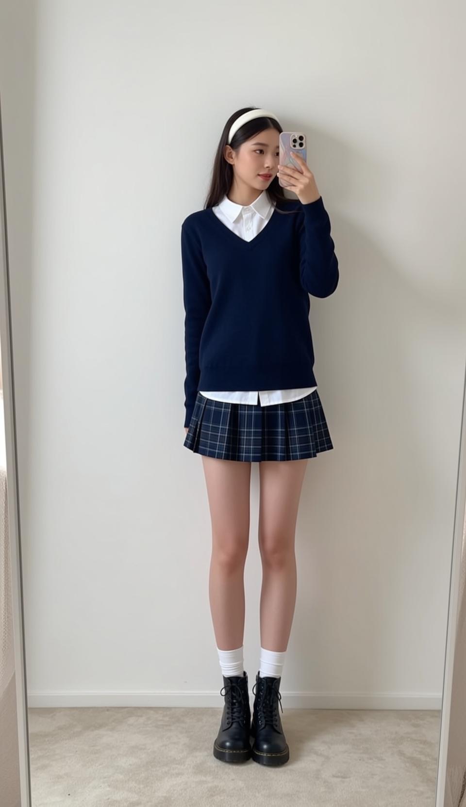 White Shirt Plaid Skirt Mirror Selfie reference photo