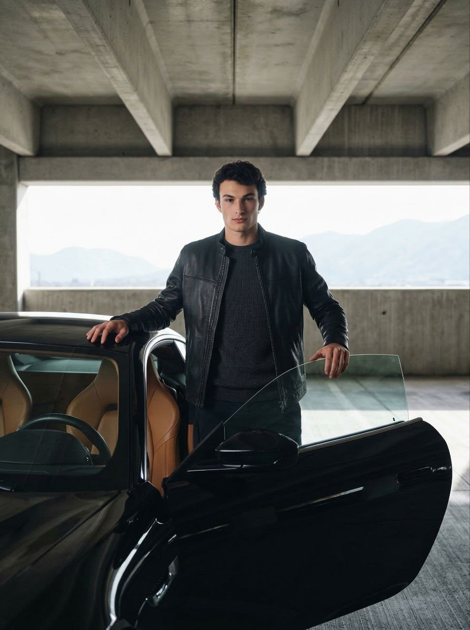 Confident Luxury Car Concrete Garage Daylight Mountains