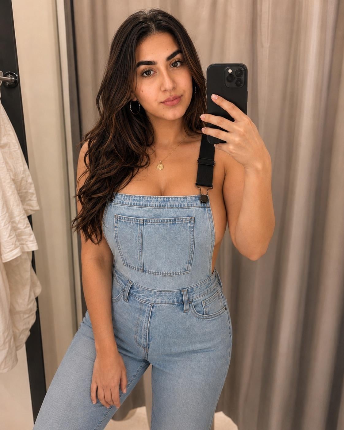 Denim Overalls Seated Posture Soft Feminine Contours reference photo