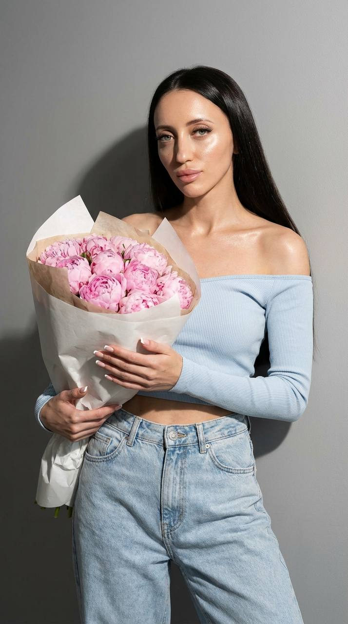 Realistic Studio Portrait Young Woman Peonies
