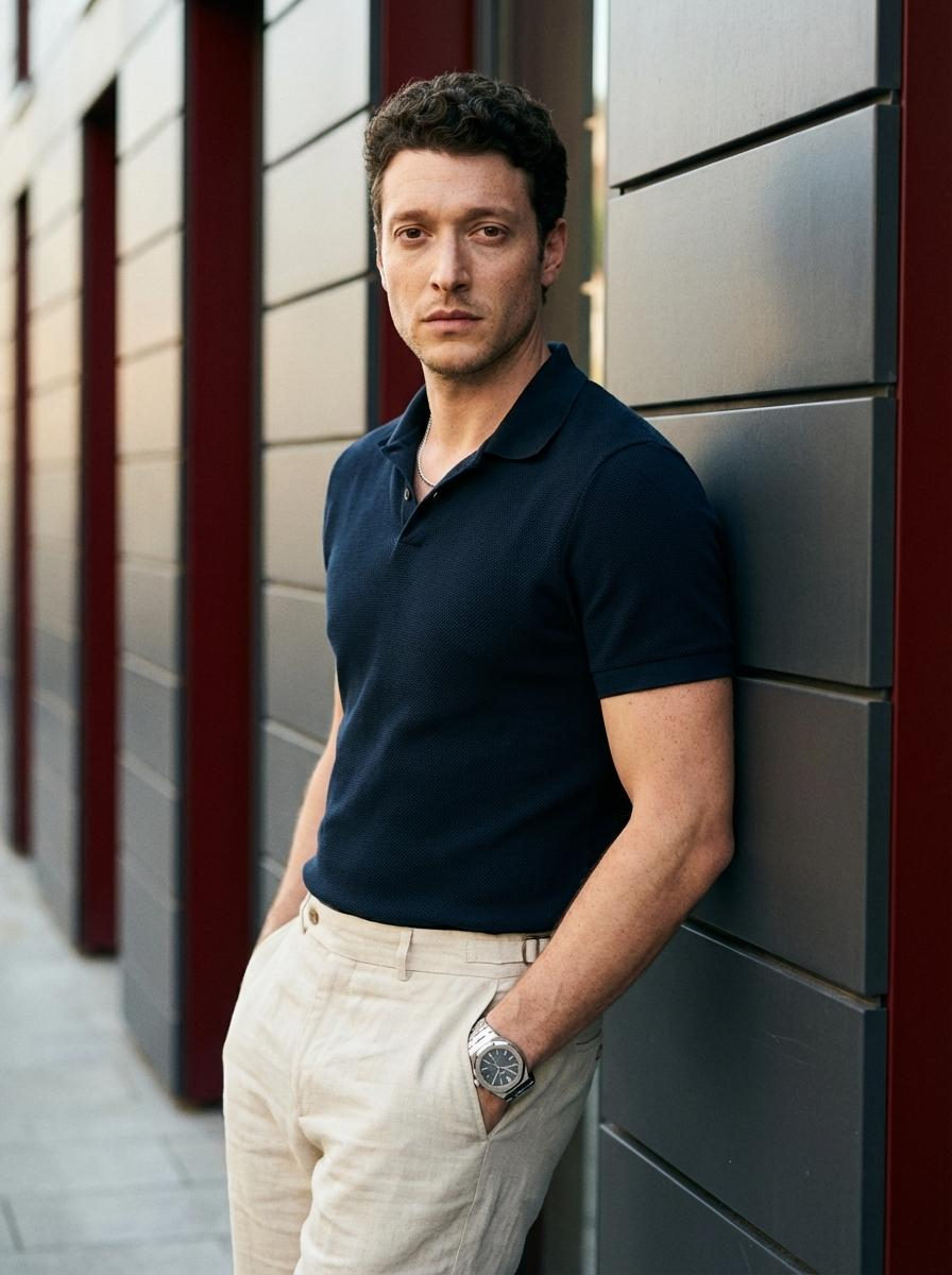 Blue Polo Wall Pose Hip Up Shot
