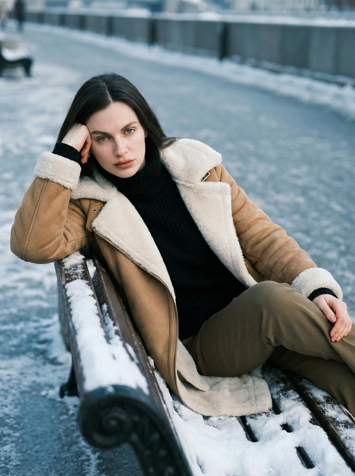 Realistic Woman Snow Bench Russia