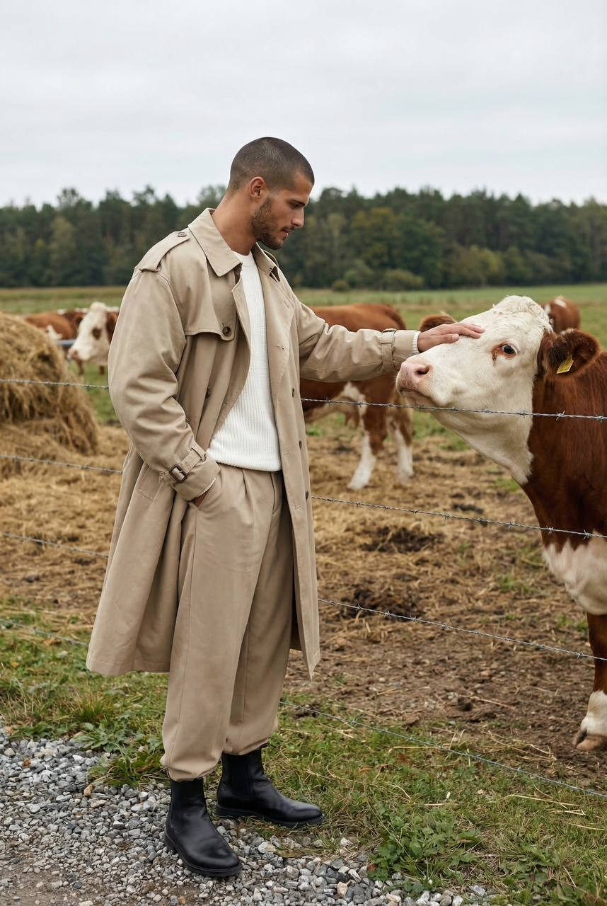Man Cow Fence Rural Field Portrait