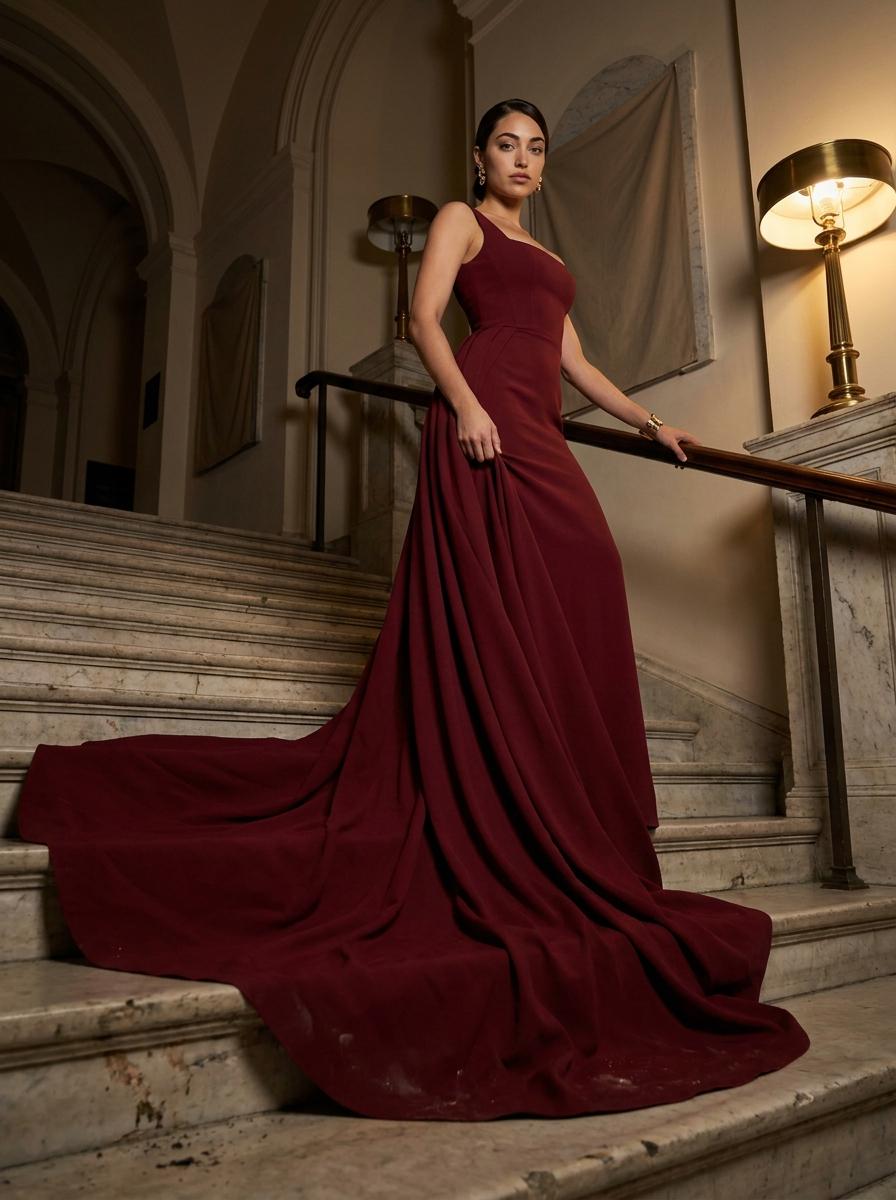 Woman in a deep red gown standing on a textured marble staircase, holding the train of her dress in warm lamp light.