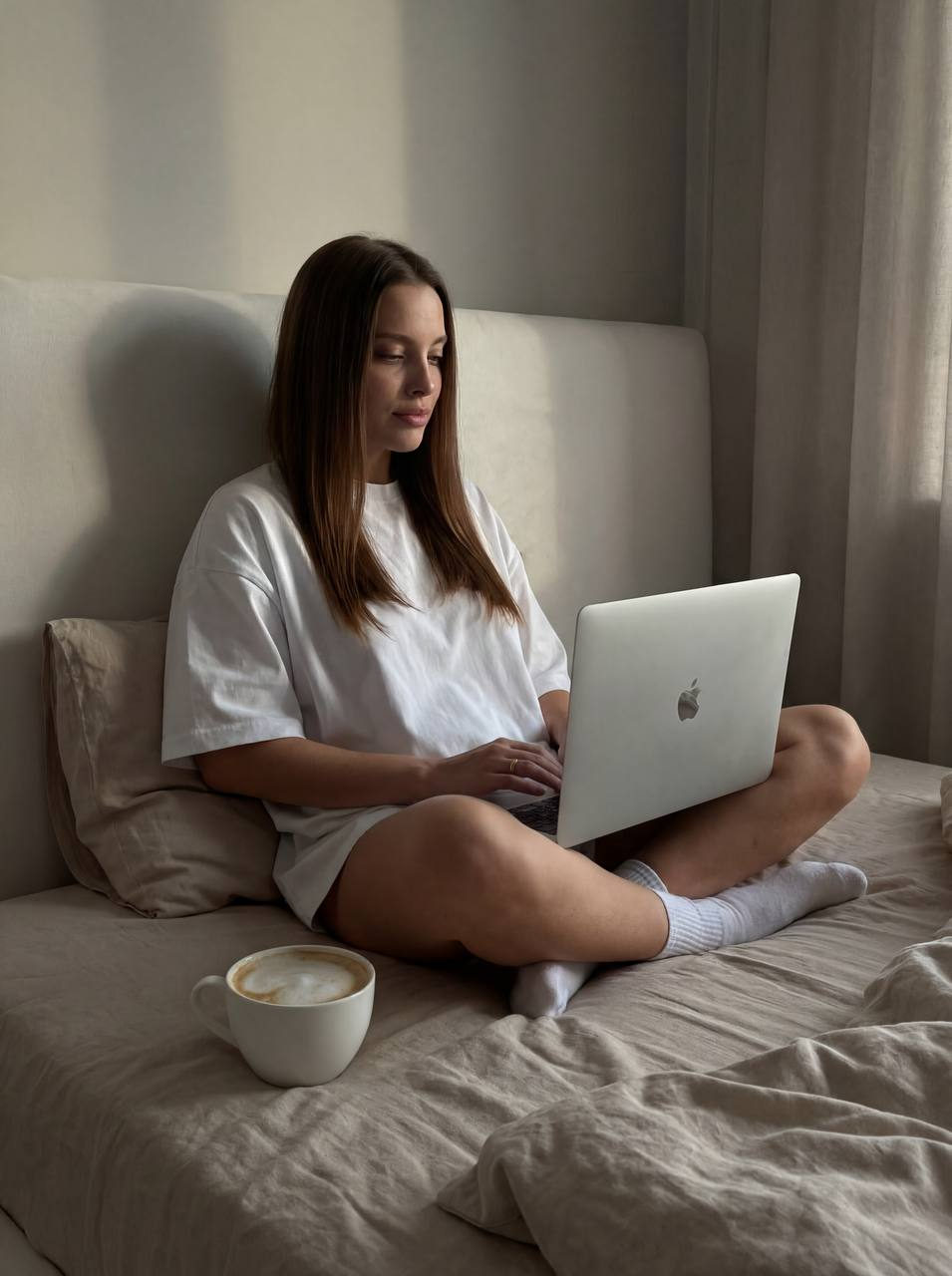 Realistic Girl Lotus Pose Laptop Coffee
