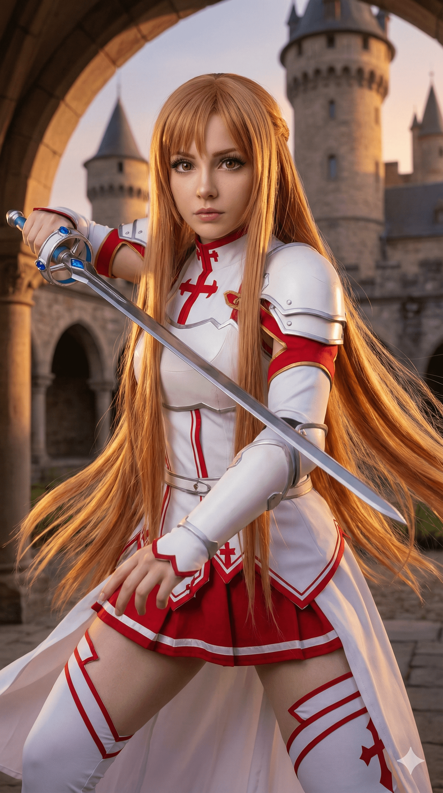 Castle Sunset Warrior White Red Outfit Silver Armor