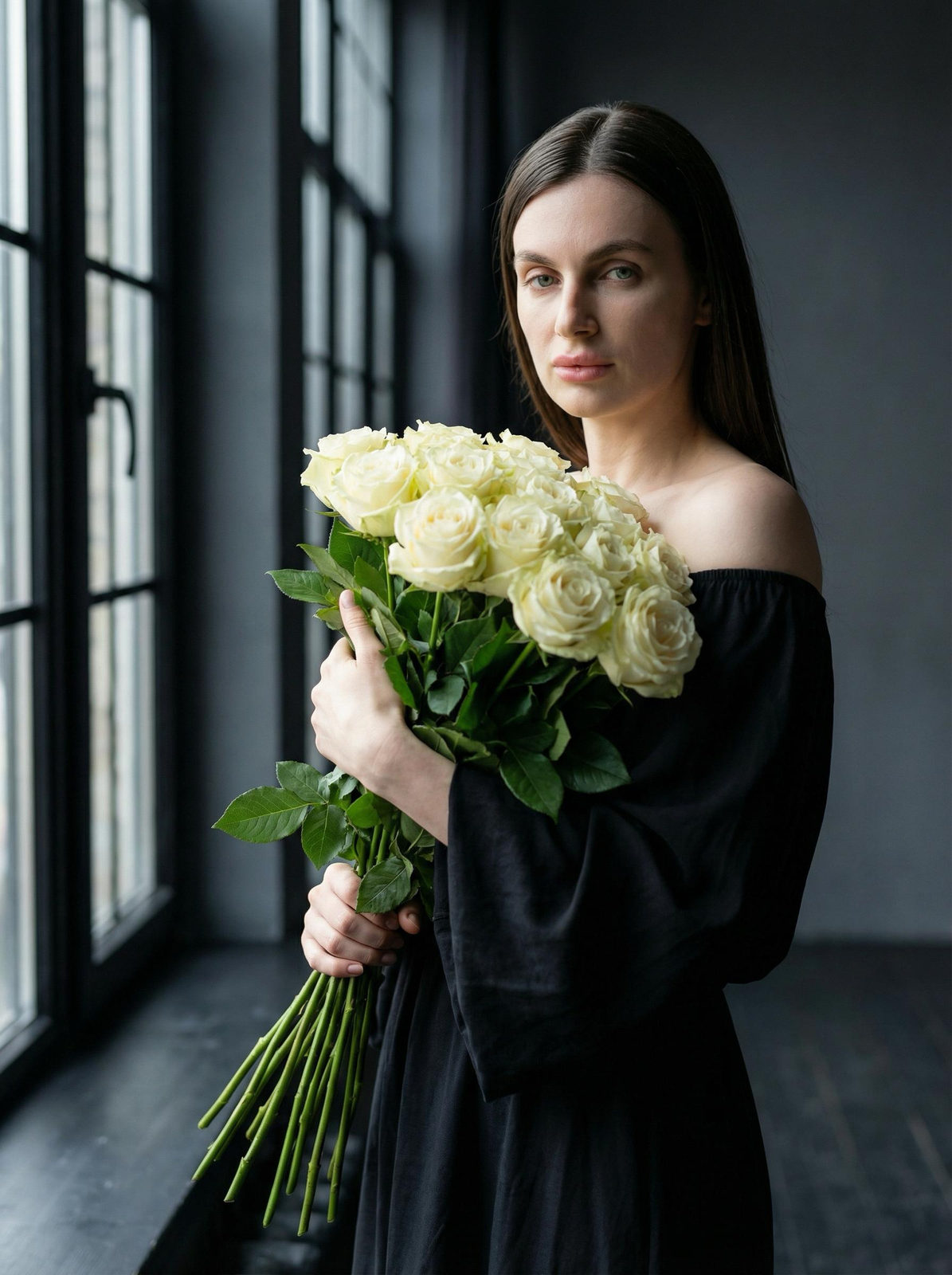 Realistic Woman White Roses Window Interior