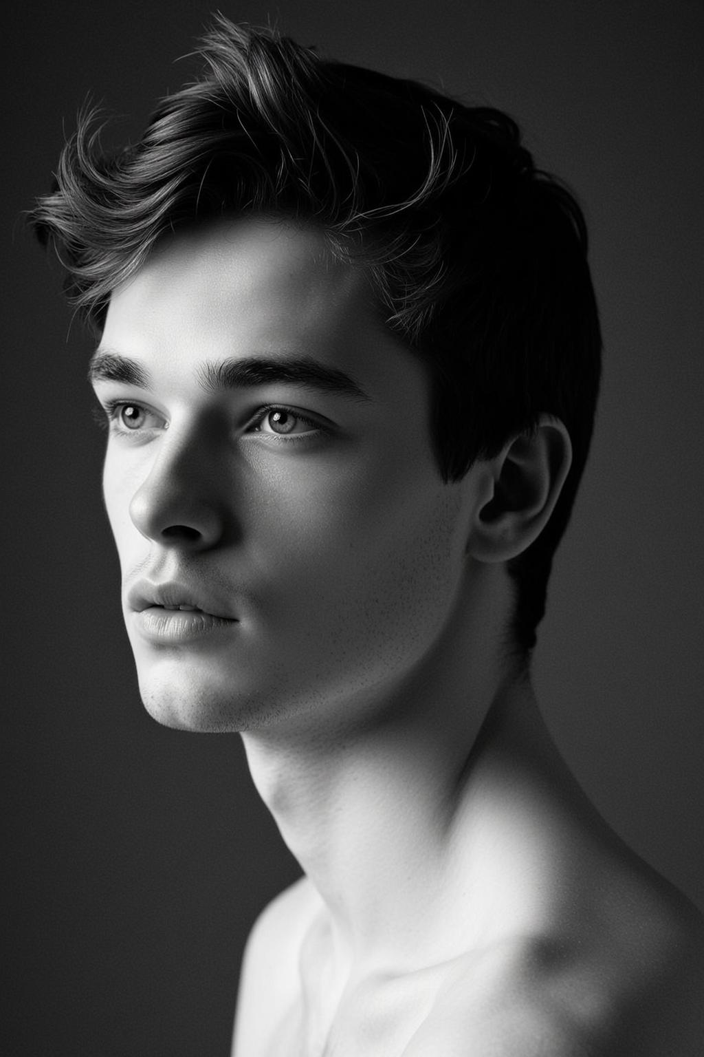 Photorealistic Black And White Medium Close-up Portrait Young Man With reference photo
