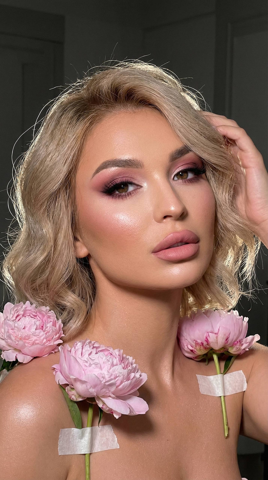 Realistic Close Up Woman Pink Makeup Peonies