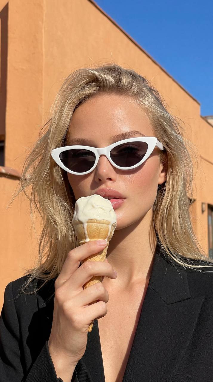 Eating Ice Cream Cat Eye Glasses Dark Jacket