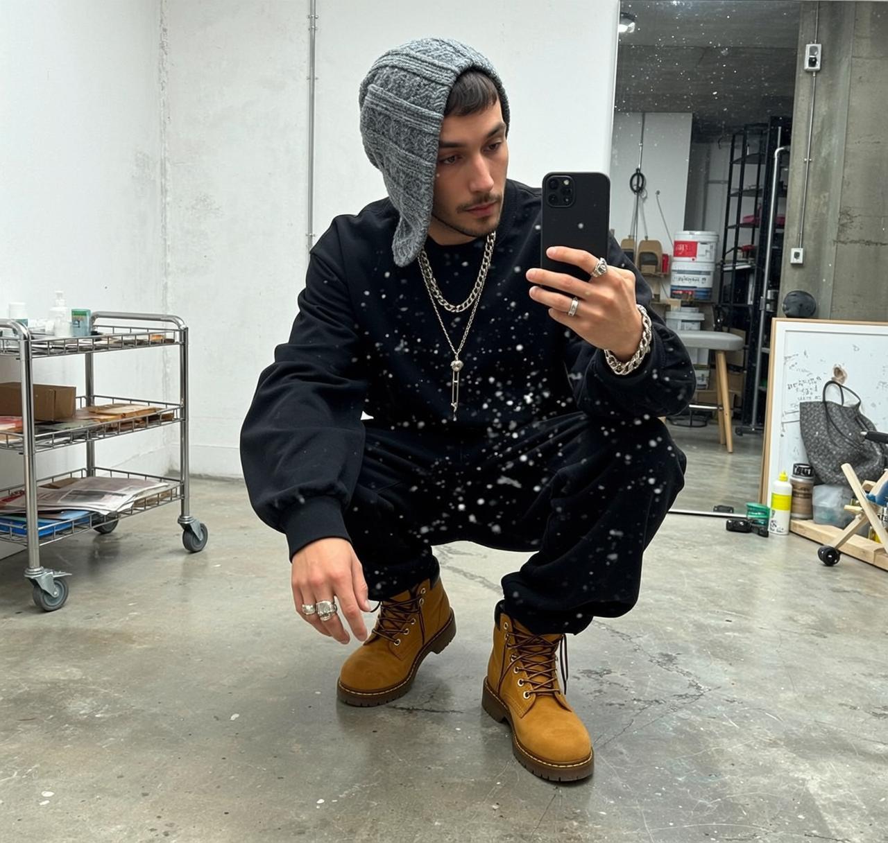 Explore Captured Low-angle Full-body Squatting Concrete Floor reference photo