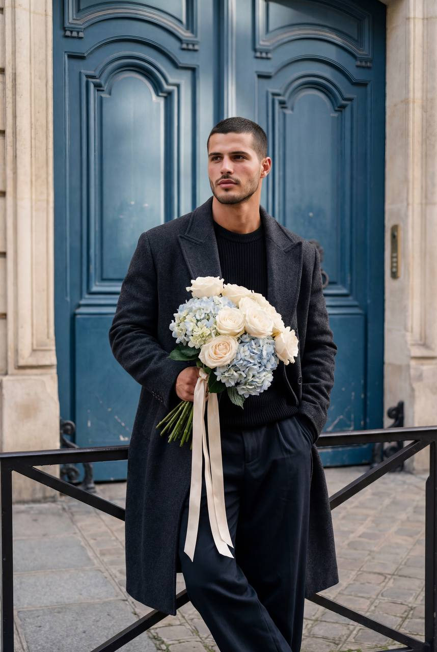 Realistic Man Blue Door Bouquet Portrait