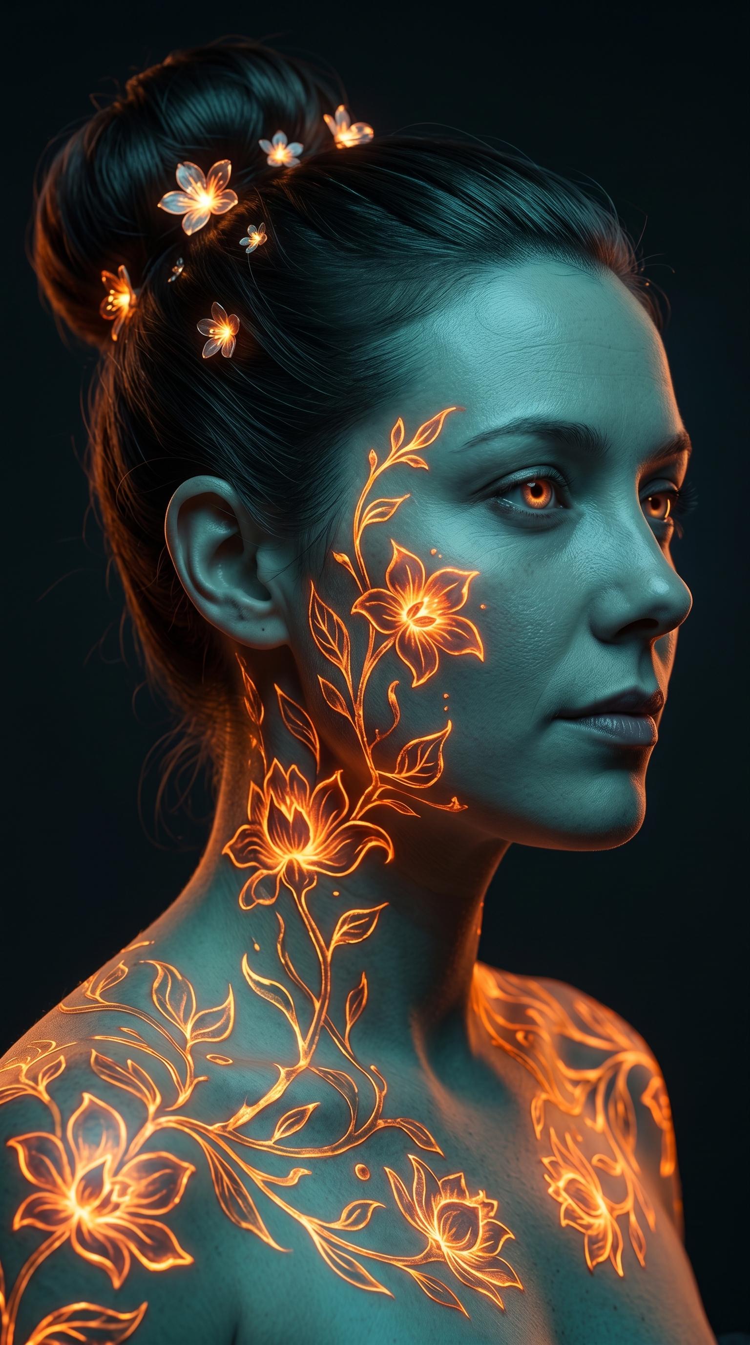 A hyper-realistic portrait of a woman with glowing bioluminescent tattoos, set against a cinematic cyberpunk backdrop.