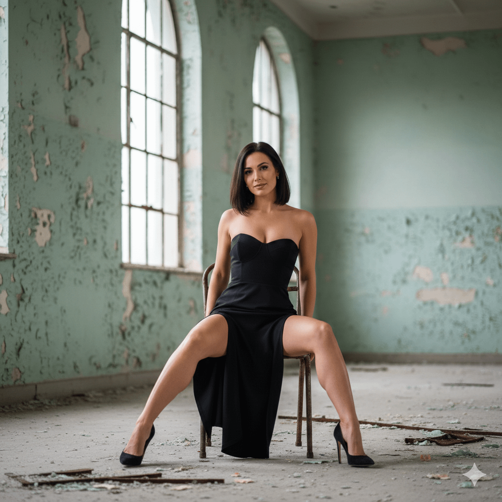 A woman in a black dress seated on a vintage chair in an abandoned industrial building, with peeling teal walls and soft natural light.