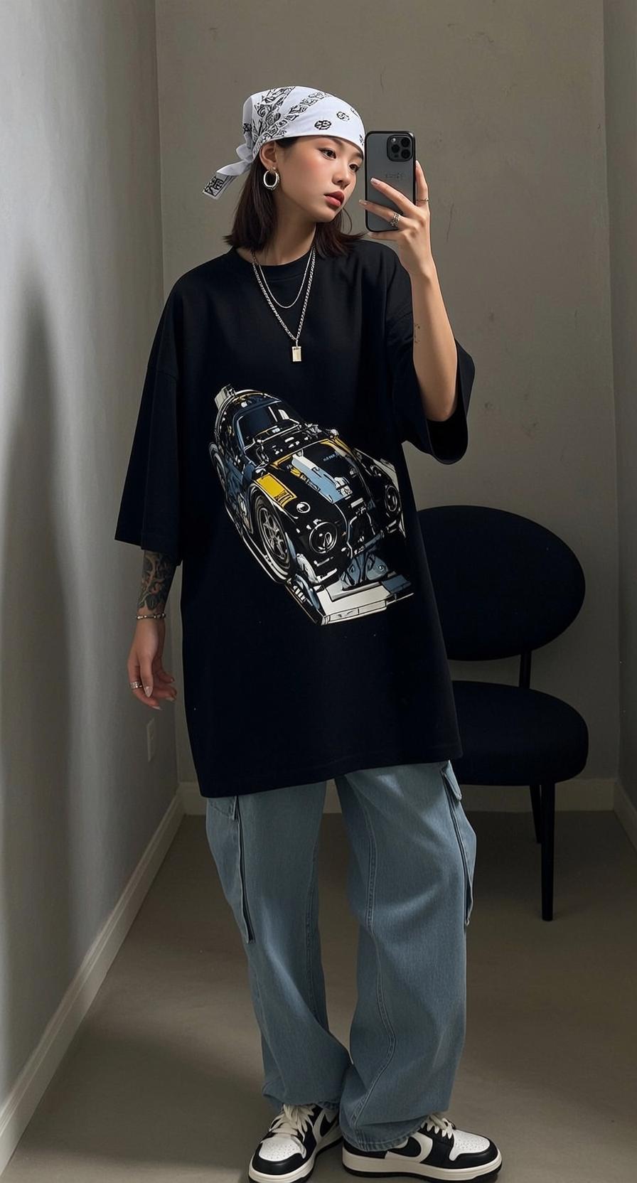 Girl In Race Car Tee Taking Selfie In Hallway reference photo