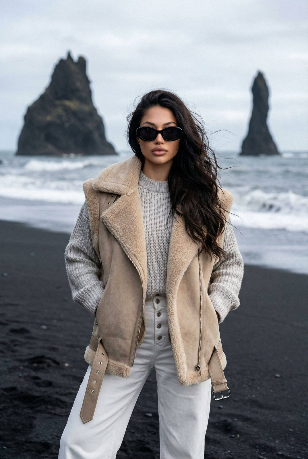 Black Sand Beach Fashion Portrait Shearling Vest