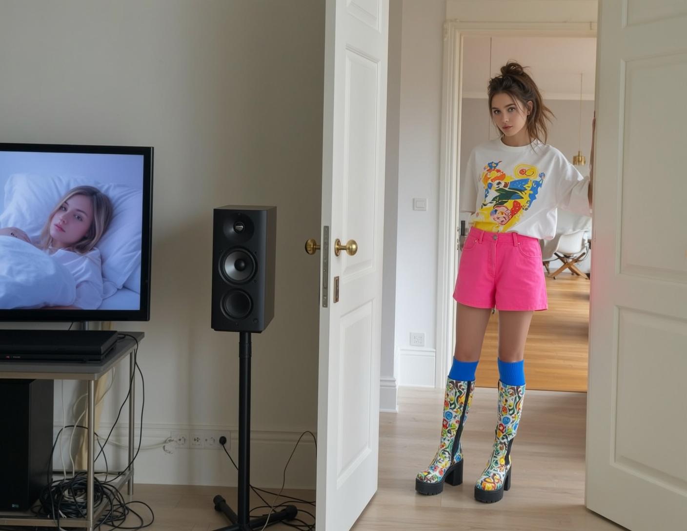 Graphic Tee Pink Shorts Doorway reference photo