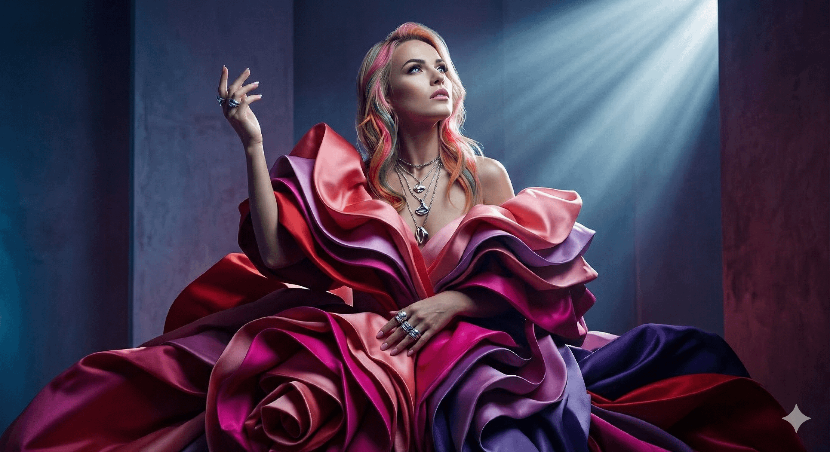 A woman sitting regally in an extravagant, layered ruffled gown, surrounded by dramatic lighting.