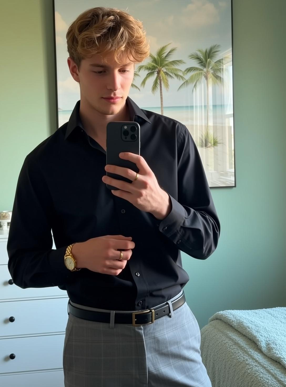 Young Blond Curly Fair Black Long-sleeved Button-up reference photo