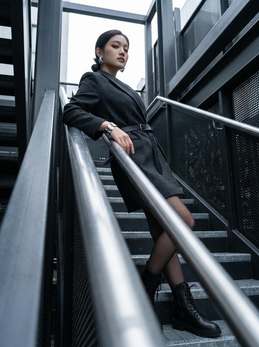 Modern Industrial Stairwell Fashion Editorial Low Angle Shot reference photo