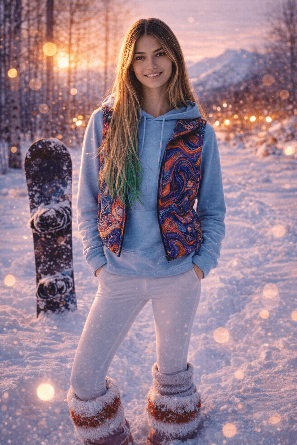 Snowy Night Fashion Portrait Snowboarder Outfit