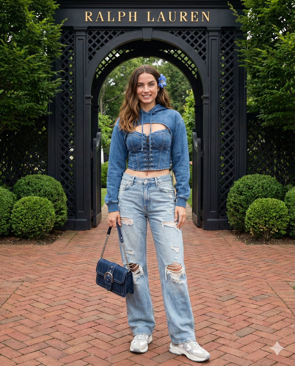 Full-body shot of a young woman with fair skin and long wavy brown hair in a denim-on-denim outfit, smiling in a garden.
