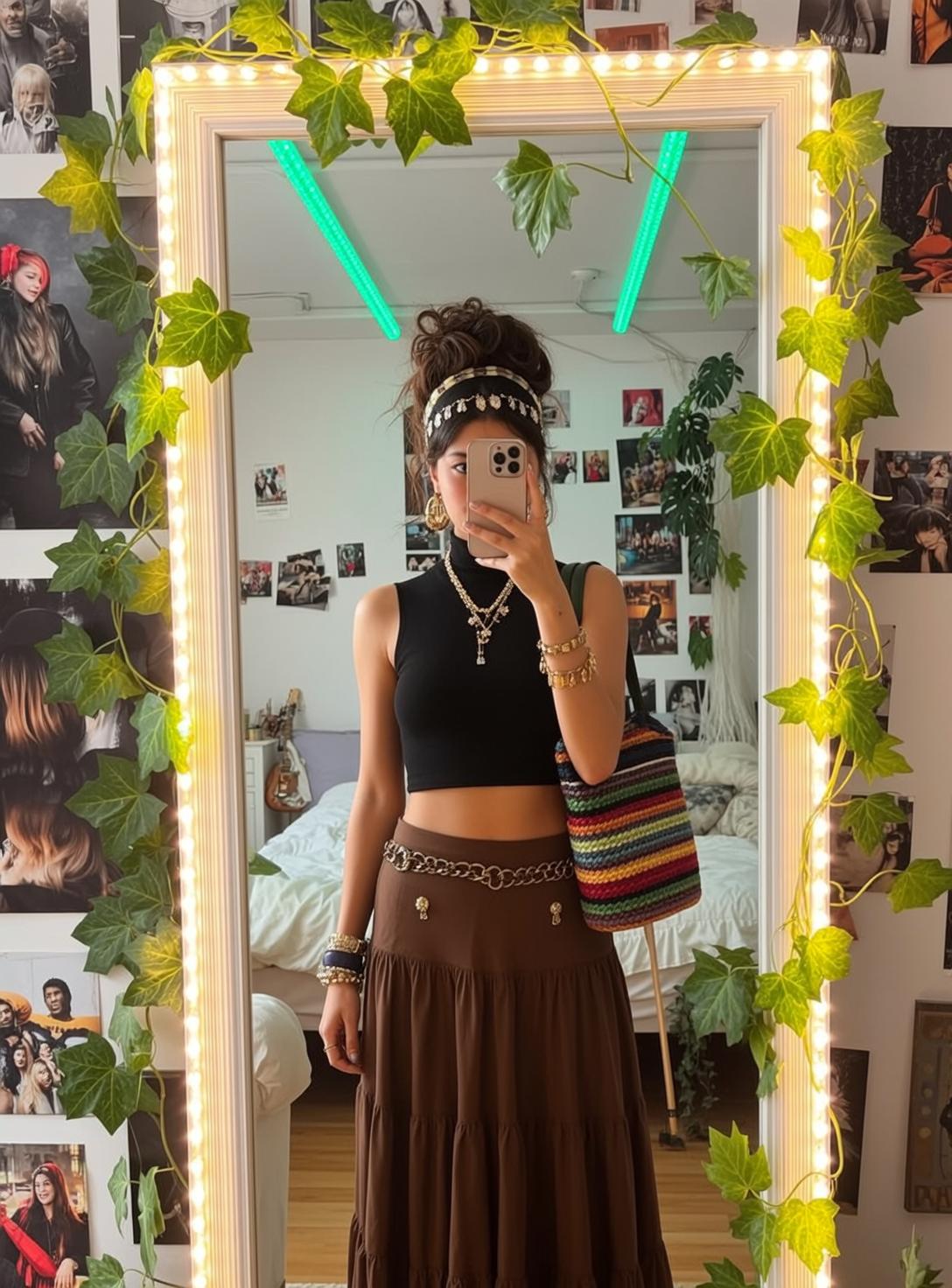 Bedroom Mirror Selfie Patterned Headband Striped Bag reference photo