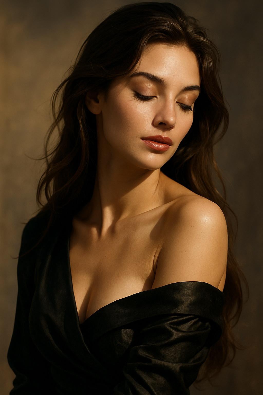 Eyes Closed Soft Smile Off Shoulder Dress