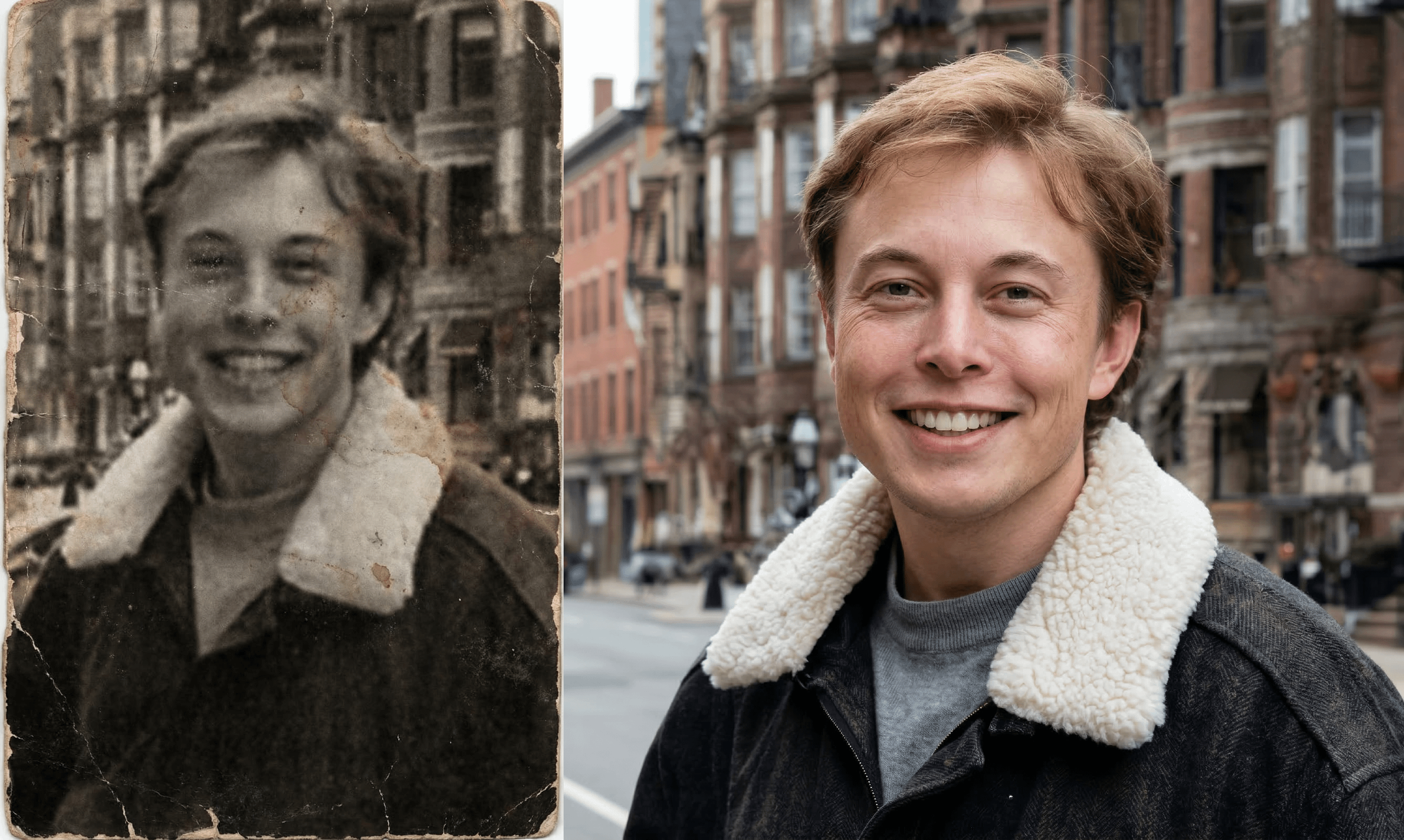 A smiling person wearing a grey ribbed knit sweater and a dark jacket with a fluffy white sherpa collar against an urban street backdrop.