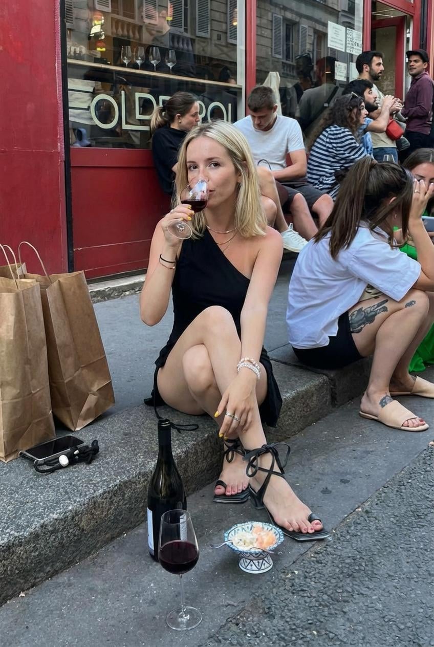 A woman in a black dress sitting on a curb, holding a wine glass in front of a red building.
