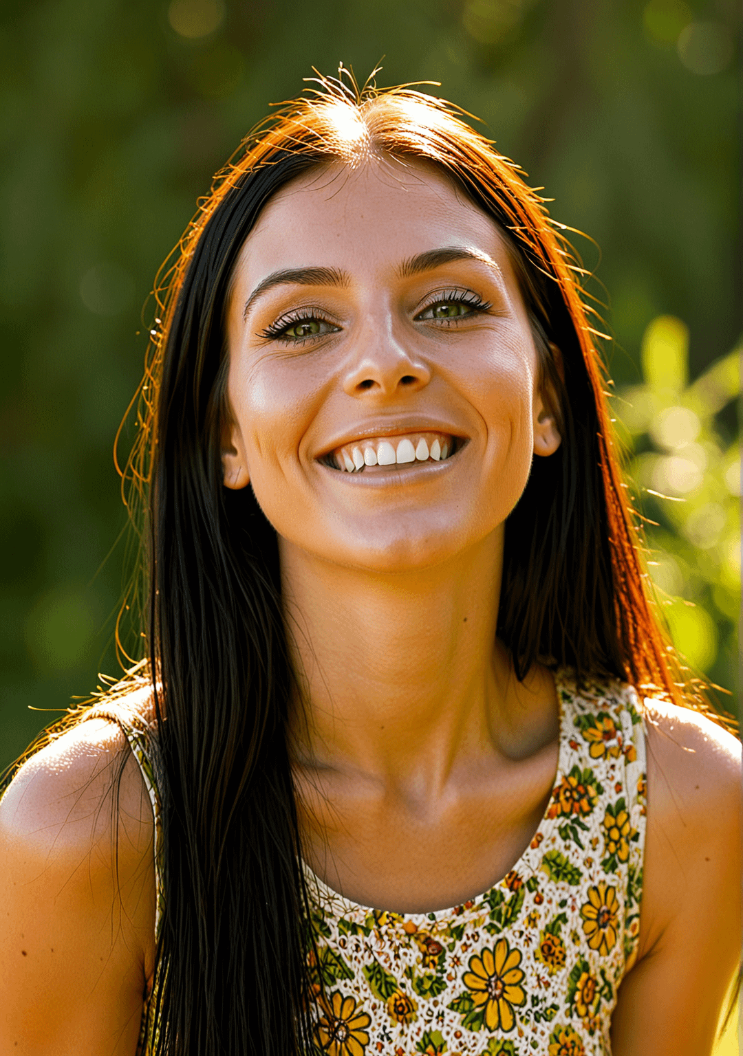 Golden Hour Portrait Floral Top Blurred Green Foliage reference photo