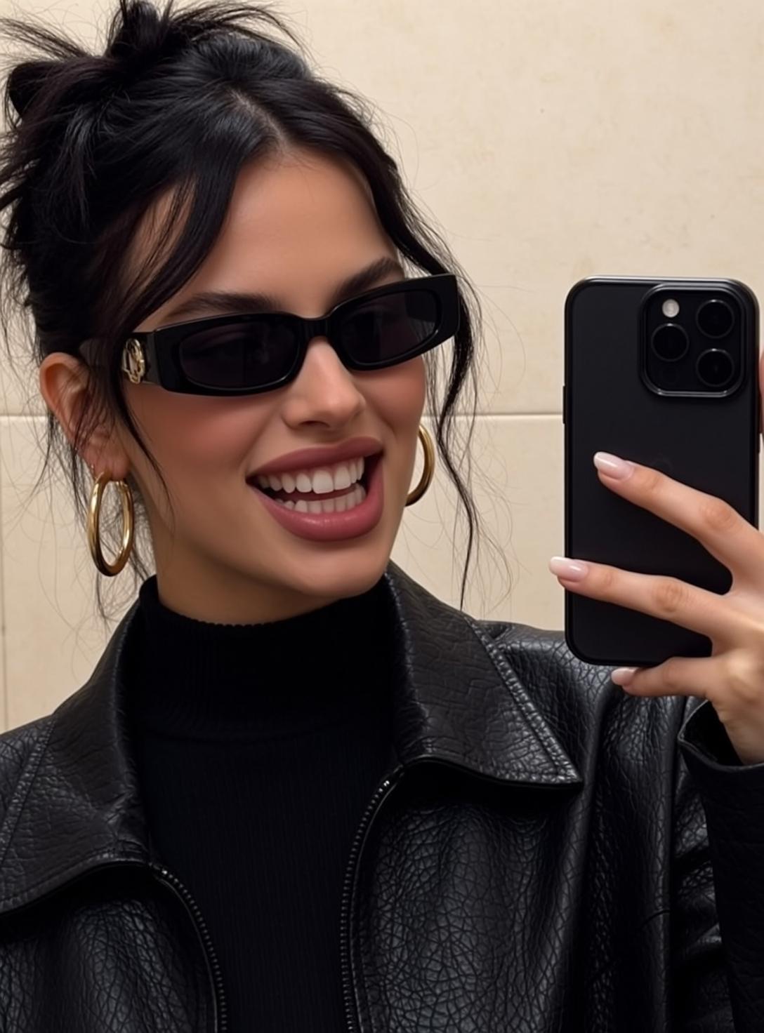 Explore Taking Selfie Holding Black Smartphone Her reference photo