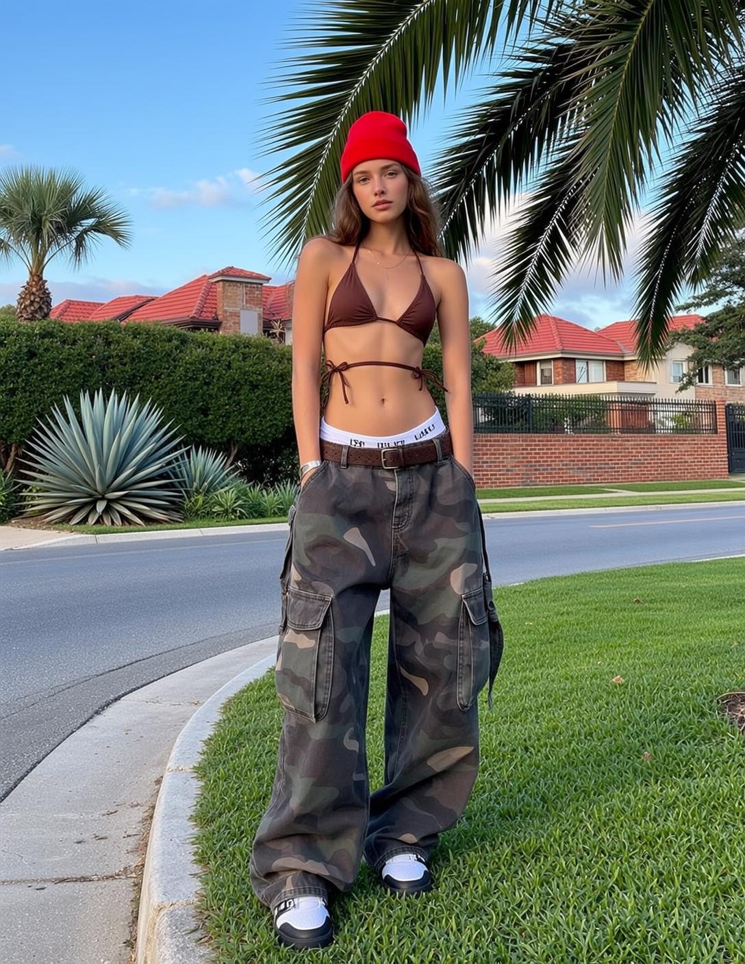 Suburban Street Woman Brown Bikini White Underwear Cargo Pants reference photo