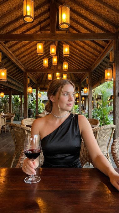 Black Satin Dress Red Wine Restaurant Patio Amber Lanterns