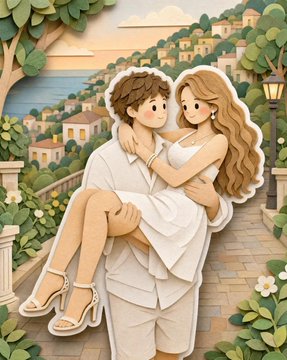 A whimsical paper craft scene of a couple in a romantic embrace, set against a Mediterranean village background with soft pastel colors.