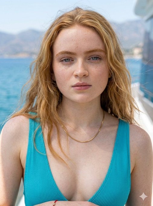A medium close-up portrait of a person with vibrant strawberry hair, wearing a turquoise tank top, against a deep blue ocean and hazy mountains.