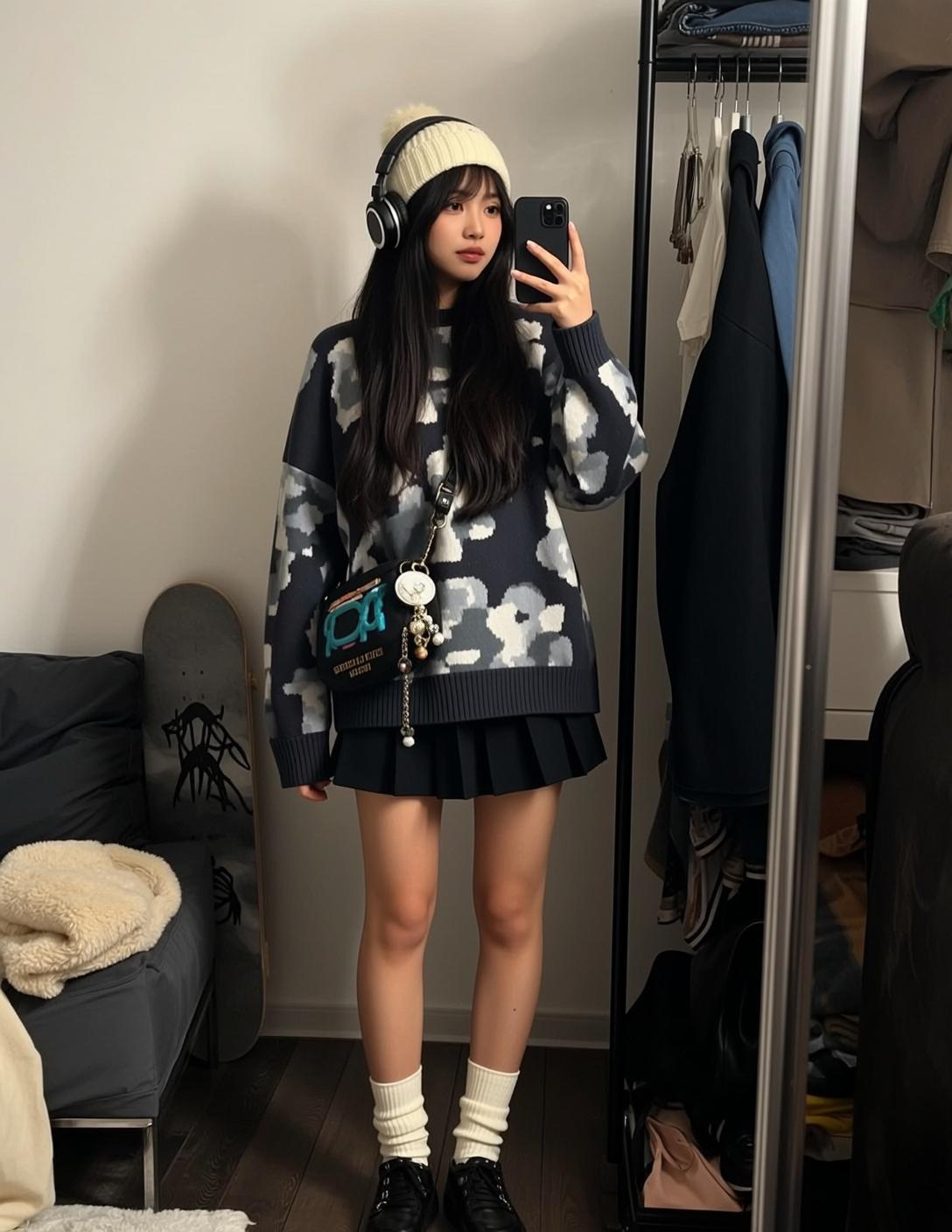 Oversized Sweater Bedroom Selfie reference photo