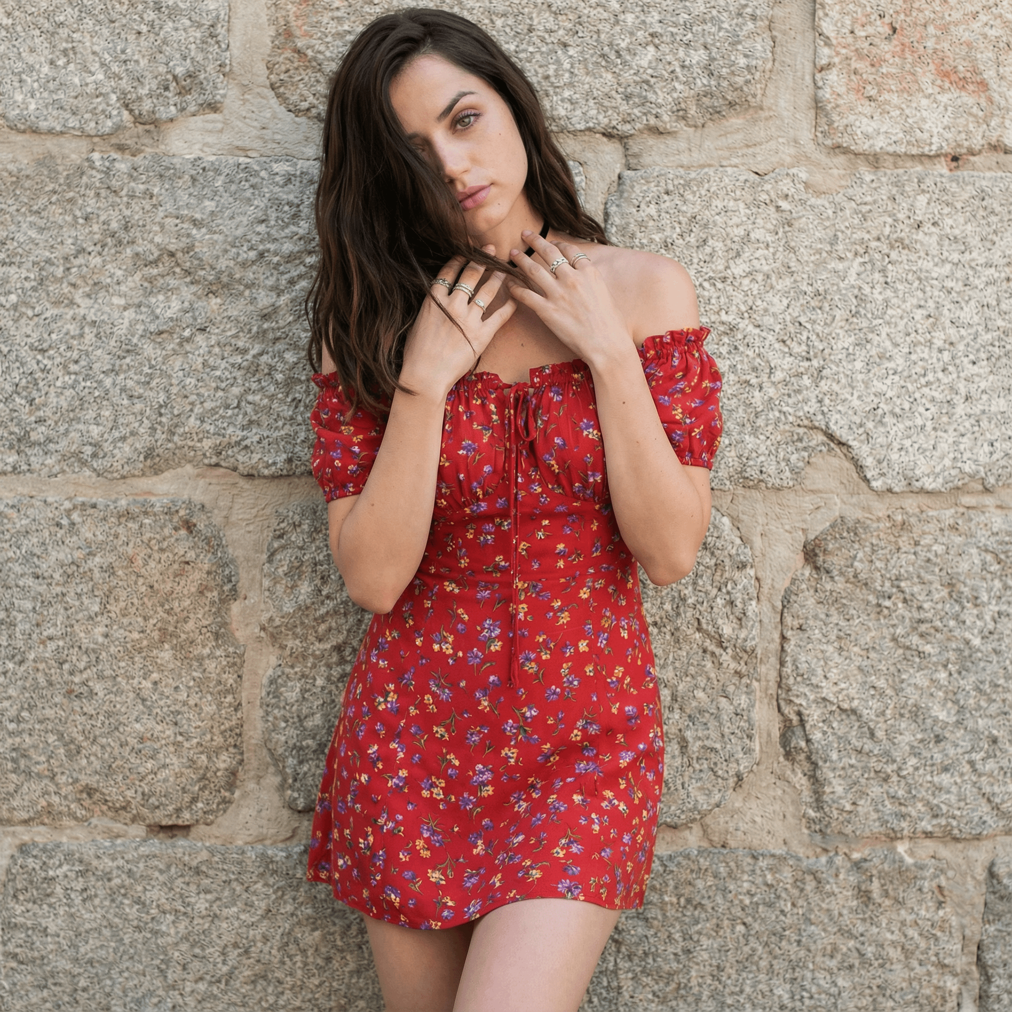 Bohemian Red Floral Dress Stone Wall Portrait