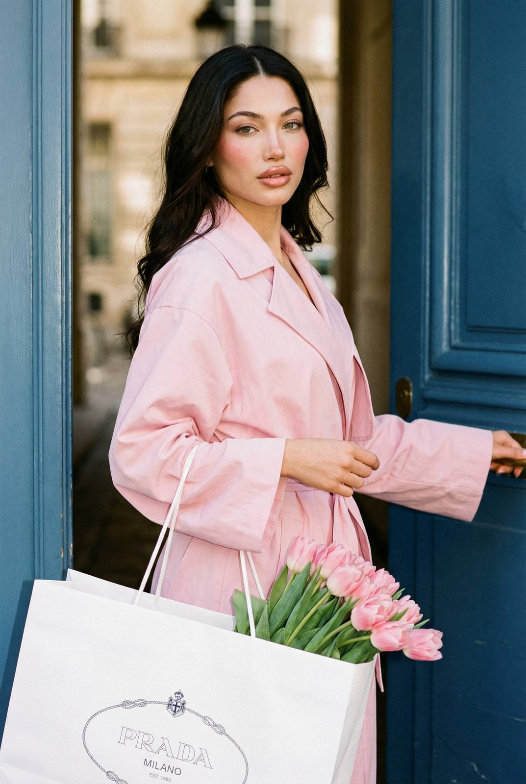 Woman Pink Coat Tulips Door Daylight