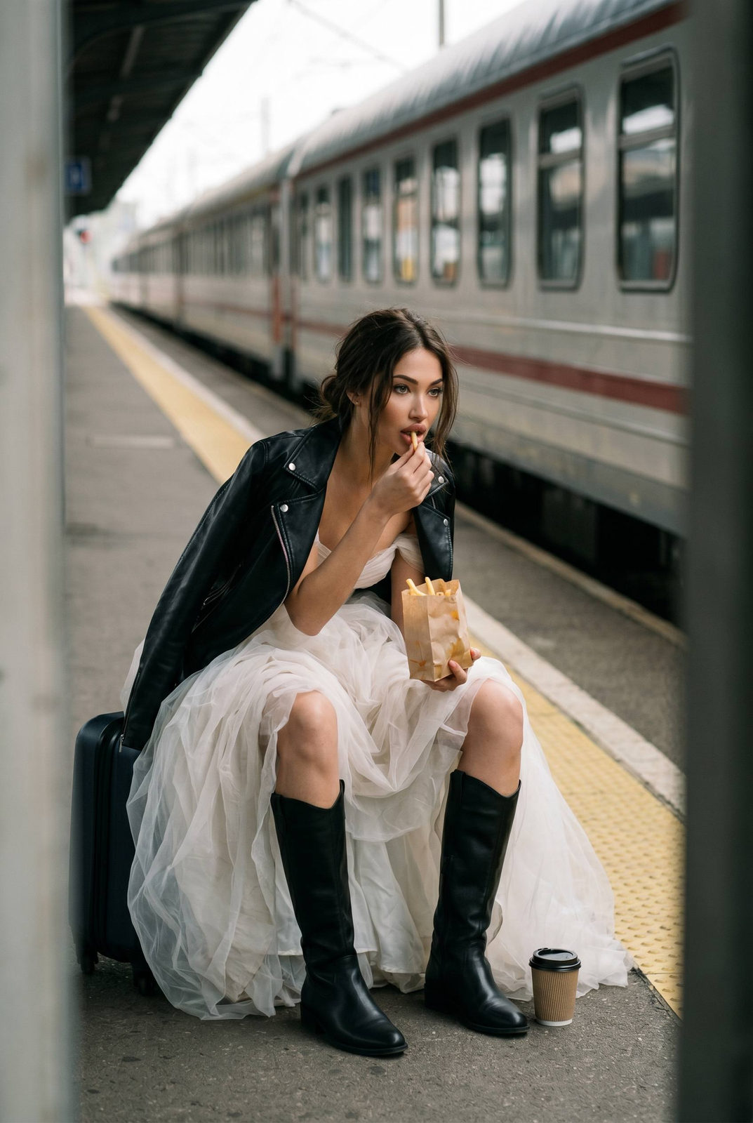 Runaway Bride Wedding Dress On Train Platform Eating Fries